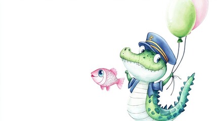   A watercolor image of a crocodile carrying a balloon and a fish with a hat on its head