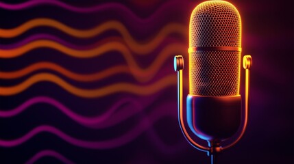 A modern, stylized microphone with neon yellow and orange accents representing sound waves or communication