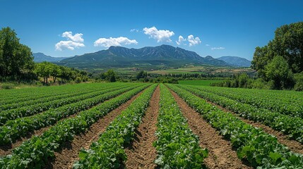 A panoramic view of a lush green field with rows of crops, stretching towards a mountain range under a bright blue sky.