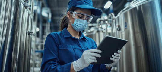 Female industrial engineer wearing protective workwear using digital tablet at work