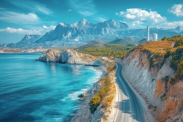A scenic coastal road winds along a cliffside with a majestic mountain range in the background and a clear blue sky.