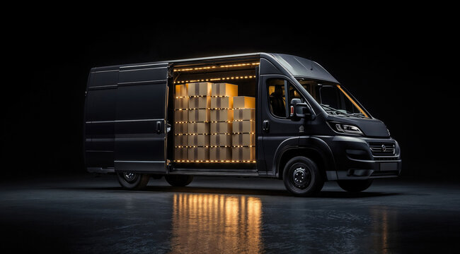 Black delivery van full of cardboard boxes is parked on black background