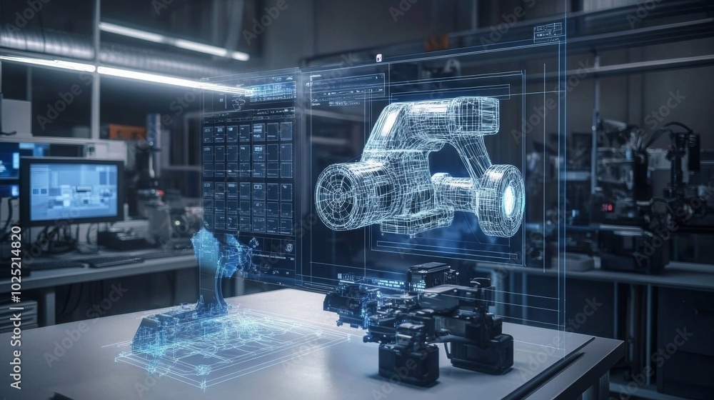 Poster holographic 3d model of a robotic arm in a factory setting.