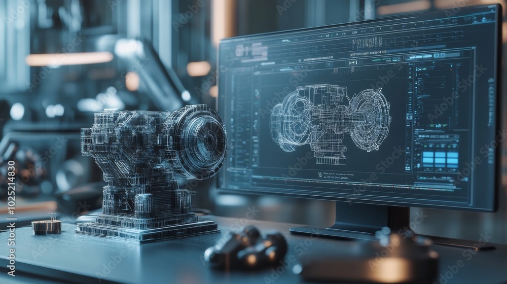 Aufkleber 3d model of a machine part on a computer screen.