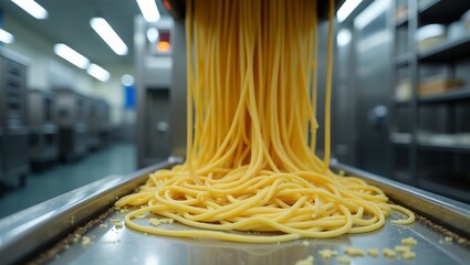 Fresh pasta strands from industrial machine in kitchen trays on conveyor belt