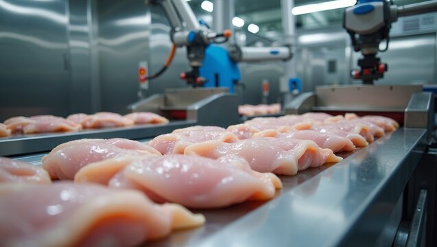 Automated chicken processing plant with robotic arms handling poultry on conveyor belt