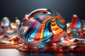 Colorful abstract glass sphere resting on a reflective surface surrounded by various shapes and colors