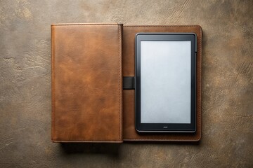 An electronic book with an asymmetrical design placed in a sleek leather case on a textured background, technology., innovation, education, smart, device, technology, reading, modern