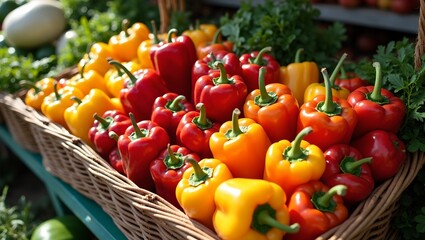 Fresh bell peppers in vibrant colors at market stall