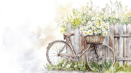Fototapeta premium bicycle with daisy basket, daisy-covered fence