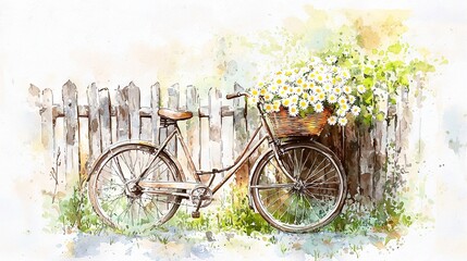   Watercolor depiction of a bicycle with a daisy-laden basket, framed by daisies along the fence