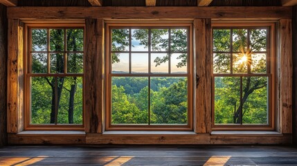 Fototapeta premium Sunlight filters through three wooden-framed windows, casting warm tones inside a rustic cabin. The view showcases vibrant trees and rolling hills in the early morning light