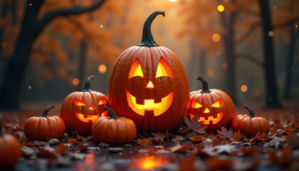 Halloween card with pumpkin art, cobweb in dark corner. Spooky greeting for October party, lantern on creepy house wall.