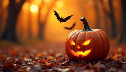 Pumpkin in Halloween night sky, bat in eerie card art. Holiday wallpaper with mysterious moon, happy celebration at event.