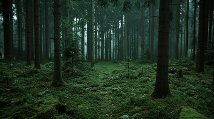Obraz premium Tall trees stand majestically in a lush green forest, with soft light filtering through the canopy. A peaceful path invites exploration amidst the tranquil woodland surroundings