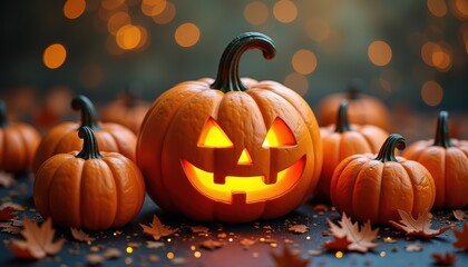 Pumpkin glows in Halloween card, bat flies in creepy night sky. Autumn greeting for holiday event, mystery lantern on house wall.