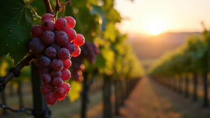 Fresh grapes on vine at sunrise in vineyard dewdrops glistening