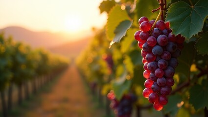 Fresh grapes on vine at sunrise in vineyard dewdrops glistening