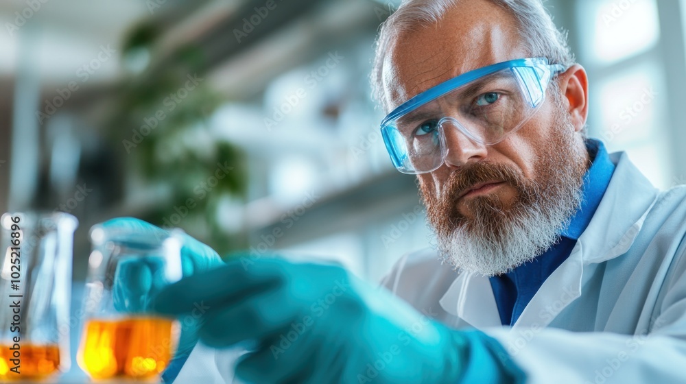 Poster scientist conducting an experiment in a laboratory, illustrating the research and discovery process 