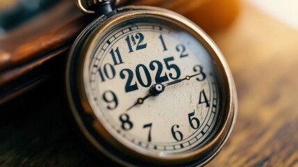 The antique pocket watch shows the year 2025, resting on a wooden surface that reflects warm lighting, evoking feelings of nostalgia and contemplation about the future
