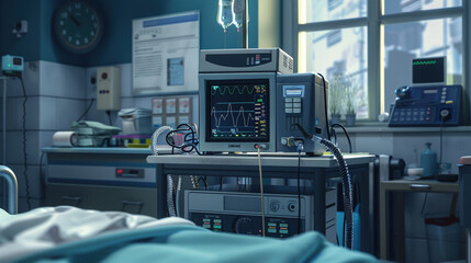 Ventilator machine monitoring patients in a hospital room during the day. Lack of medical equipment concept. High-tech ventilator in hospital ICU room.
