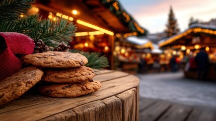 Obraz premium Christmas market with brightly lit stalls selling gifts and treats, representing the festive atmosphere of holiday shopping