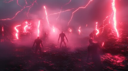 Naklejka premium Spectral Warriors Clash in Eternal Struggle - Chaotic Hellscape 3D Render with Cinematic Lightning