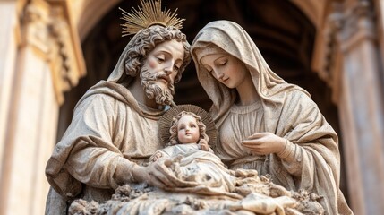 Fototapeta premium Nativity scene displayed in a church, illustrating the religious significance of Christmas