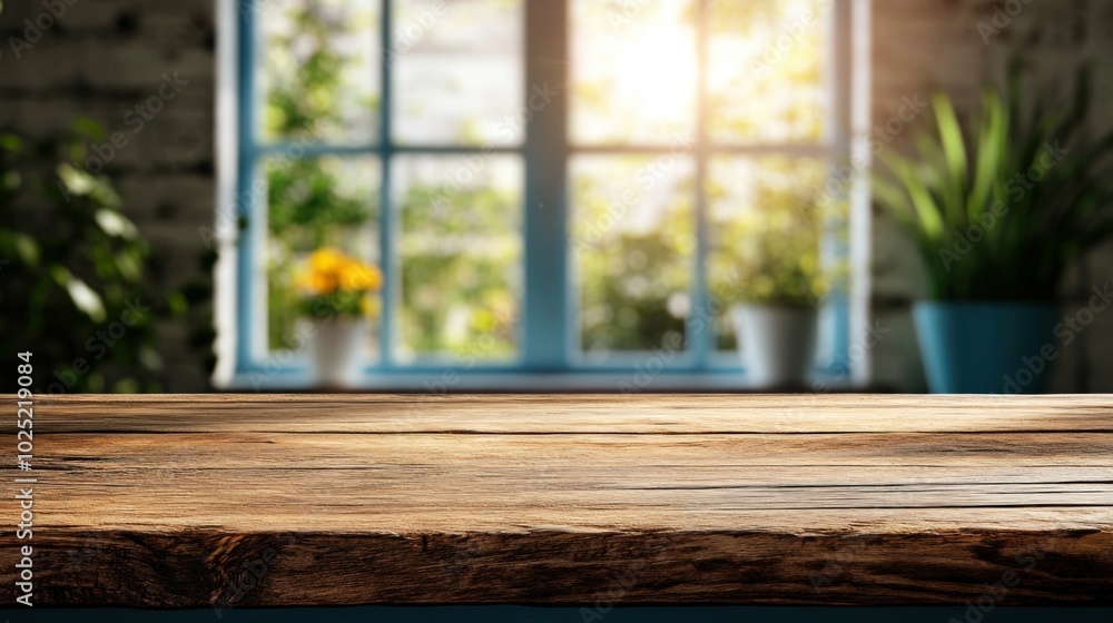 Poster a sunlit room features a wooden table in the foreground, surrounded by lush greenery in pots, creati
