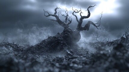 Dark Fantasy: Sinister Tree in a Hellscape with Swirling Ash Mist and Cinematic Lightning