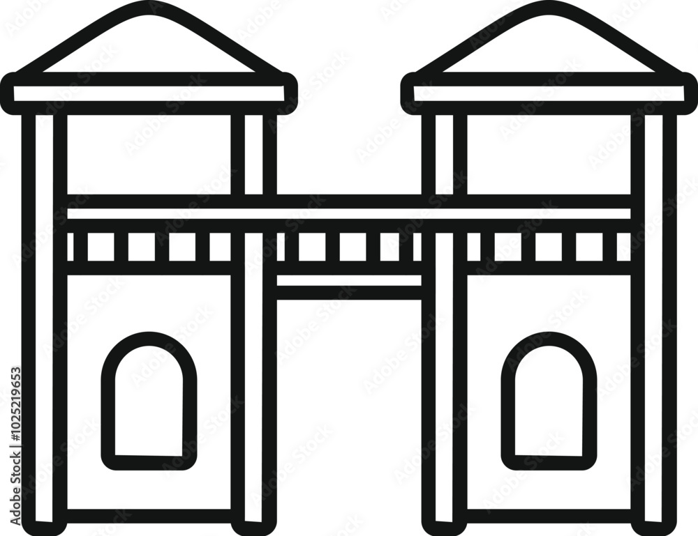 Poster simple vector icon of a double tower wooden playground structure connecting with bridge