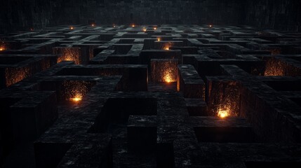 Fototapeta premium Descent into Shadows - A Dark and Twisted Labyrinth in 3D Render with Flickering Torches and Cinematic Lightning