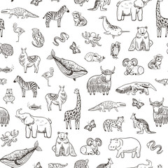 Seamless pattern with cute hand drawn cartoon animals. Vector line illustration.