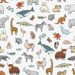Obraz premium Seamless pattern with cute hand drawn cartoon animals. Vector illustration.
