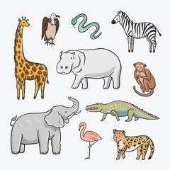 Vector set of hand drawn doodle cartoon animals. Vector illustration.