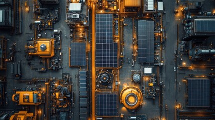 An aerial view of a futuristic industrial complex with solar panels and machinery.