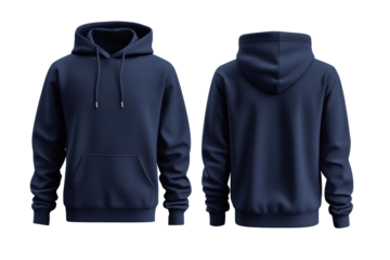 Men's navy blue sweatshirt with hood and front pocket, front and back image. Transparent background