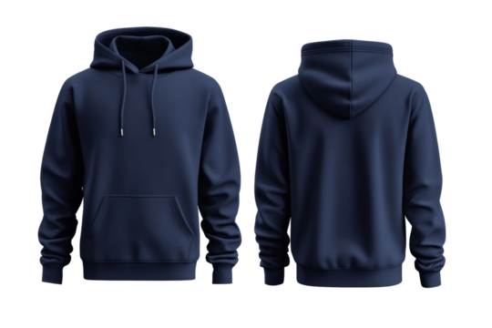 Men's navy blue sweatshirt with hood and front pocket, front and back image. Transparent background