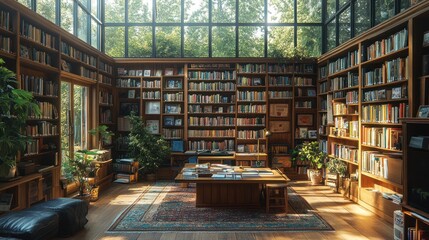 A large, well-lit library with floor-to-ceiling bookshelves, a desk, and a comfortable seating area.