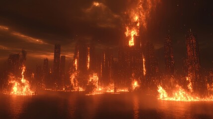 Fototapeta premium Apocalyptic City Inferno: Surreal 3D Render of Dark Figures in Flames with Cinematic Lightning Effects
