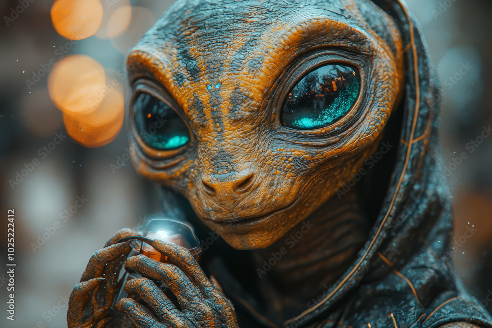 Poster an alien creature using a holographic device to communicate, symbolizing advanced alien technology. 