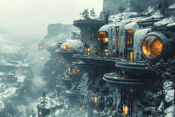 Obraz premium An alien city built into the side of a mountain, showing their integration with natural landscapes. Concept of sustainability.