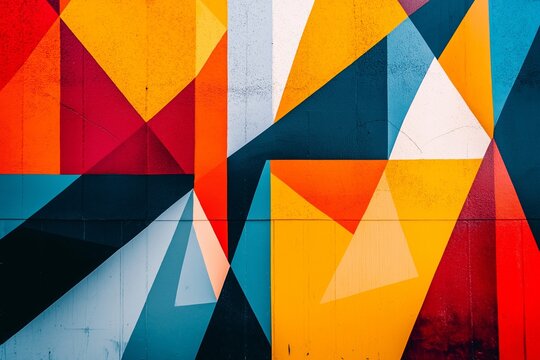 An eye-catching geometric art piece with colorful intersecting angular shapes forming a dynamic composition on canvas.