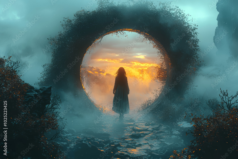 Poster a traveler stepping through a portal and arriving in a world where everything is the opposite, repre