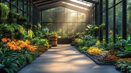 Obraz premium A greenhouse with sunlight streaming in through the glass roof and windows, illuminating the lush greenery and colorful flowers.