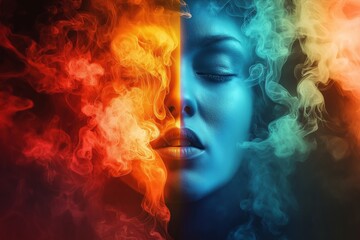 A face divided into fiery and cool shades, symbolizing the dynamic contrast of emotions in a visually stunning way.