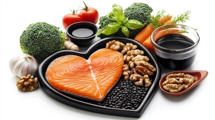 Heart-shaped plate of healthy heart foods with acai, lentils, soy sauce, ginger, salmon, carrot, tomato, turmeric, cinnamon, walnuts, garlic, peppers, broccoli, basil, onion isolated on white 