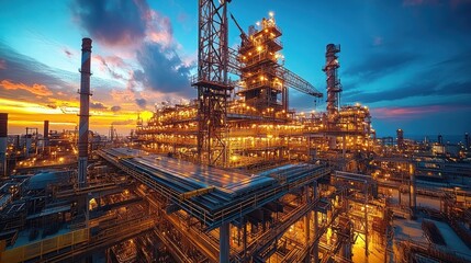 Fototapeta premium An industrial complex with a large refinery, illuminated by the setting sun. The sky is a mix of orange, pink, and blue.