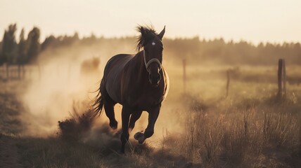 Majestic horse galloping swiftly through a dusty field at sunset, capturing the beauty of nature and freedom.