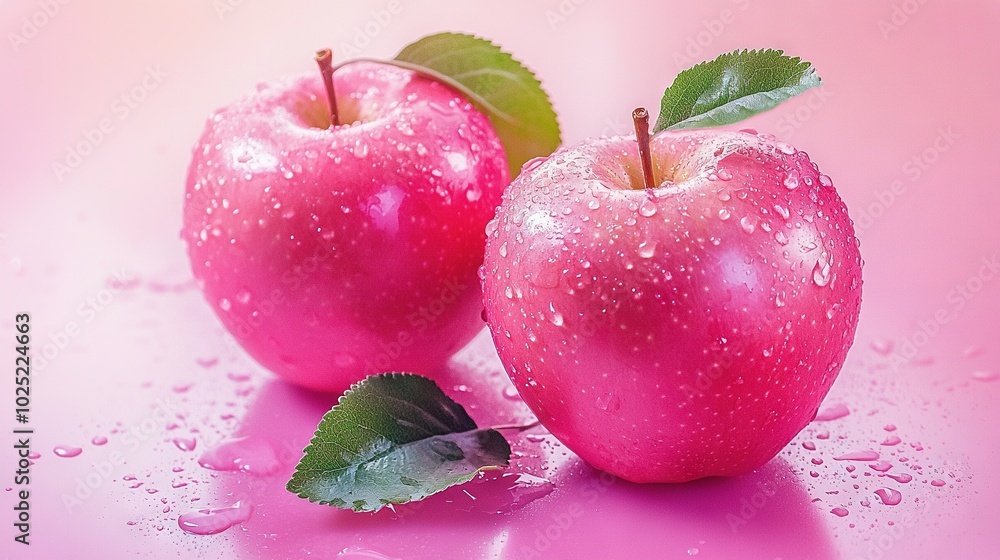 Sticker  Two pink apples on a pink surface, each with a green leaf and water droplets, and one apple with a green leaf sticking out